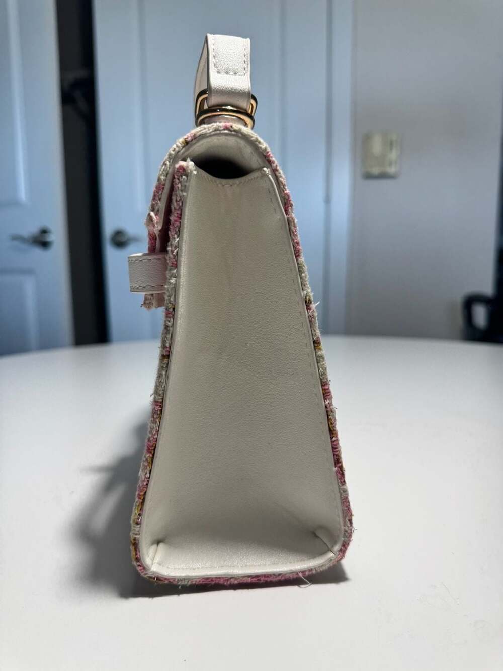 Pink and White Tweed Mini Top Handle Satchel Bag - Picture 3 of 6